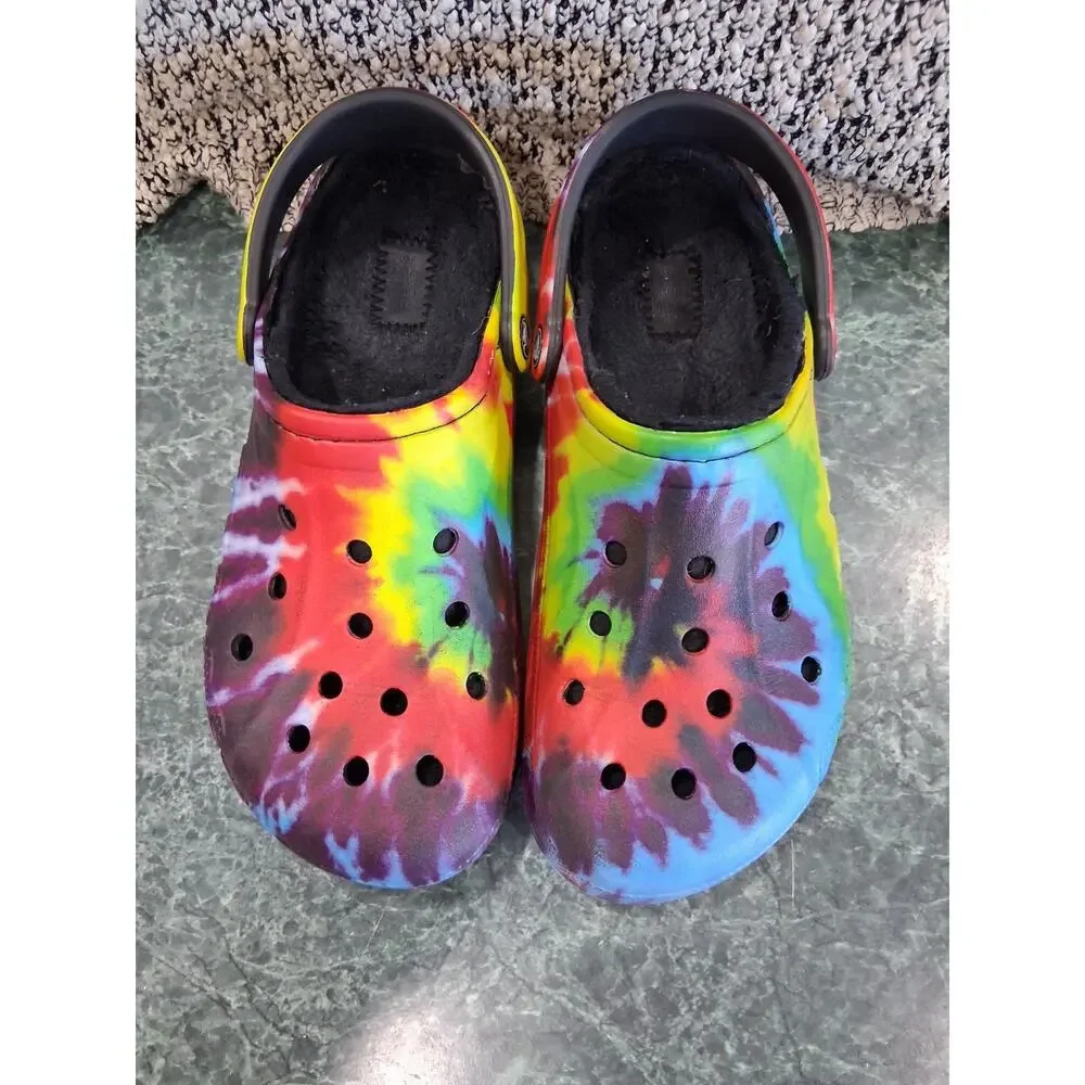 Crocs Unisex Classic Lined Slip On Clog Mens Sz 10 Tie Dye Multicolor Fuzzy Sole